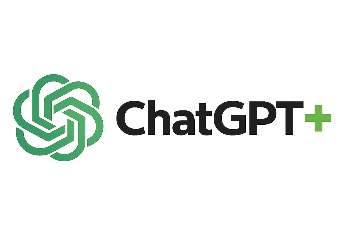 ChatGPT Plus logo featuring a green geometric emblem to the left of the black text "ChatGPT" and a green plus sign on a white background.