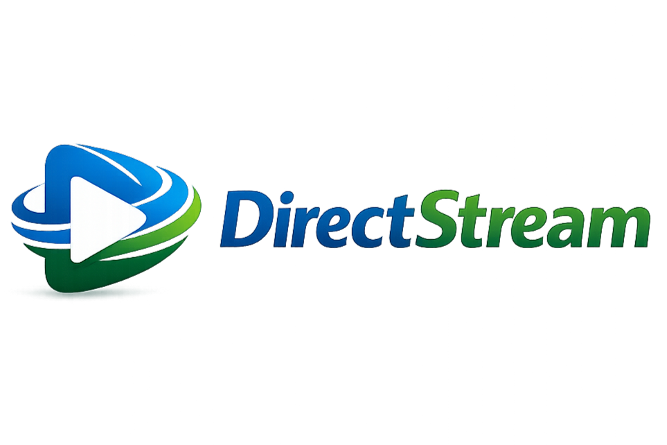 Logo for "DirectStream" featuring a blue and green play button design to the left of the text. The word "Direct" is in blue and "Stream" is in green.