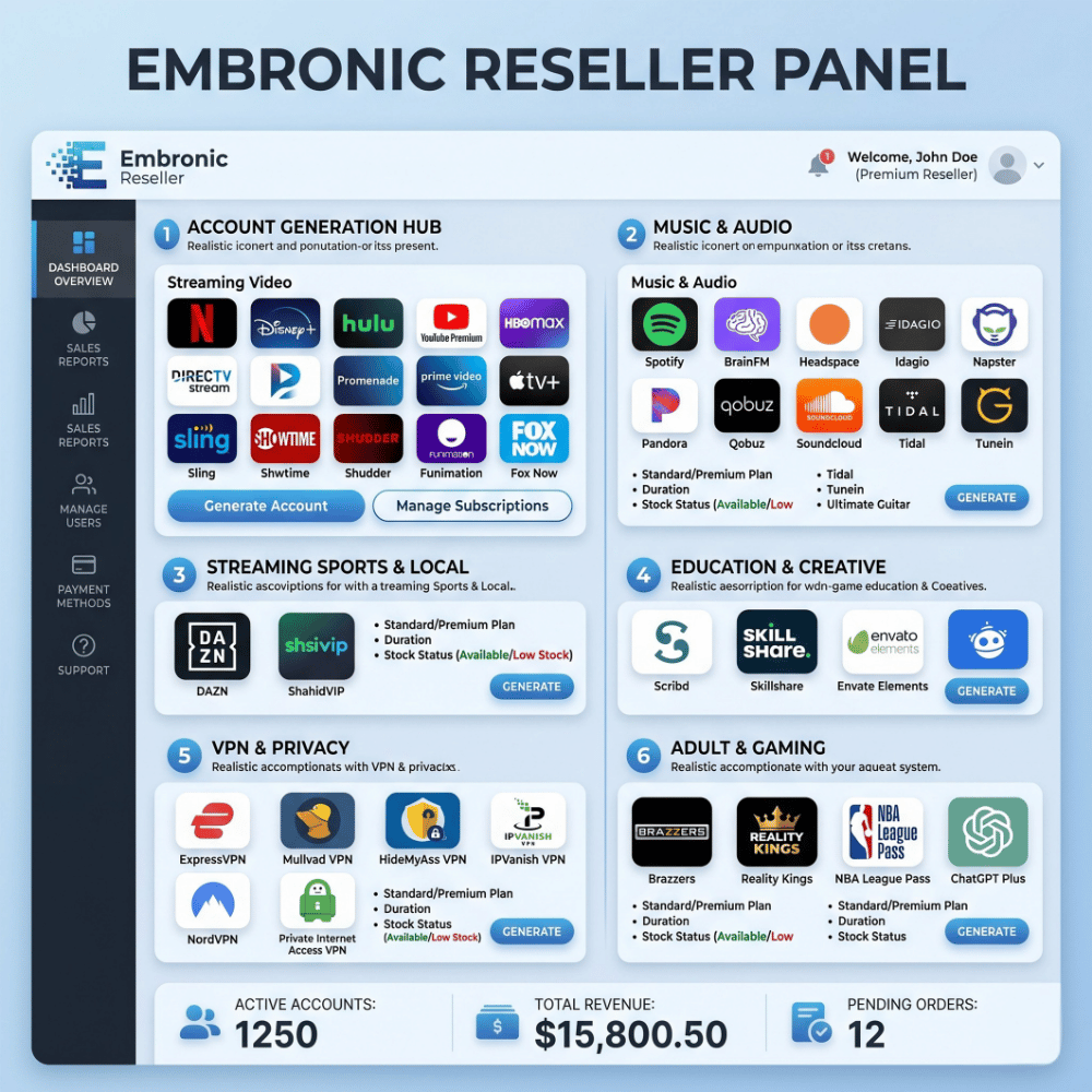 Dashboard interface displaying an Embronic Reseller panel with sections for account generation, streaming, VPN, music, education, gaming, and stats on accounts, revenue, and orders.