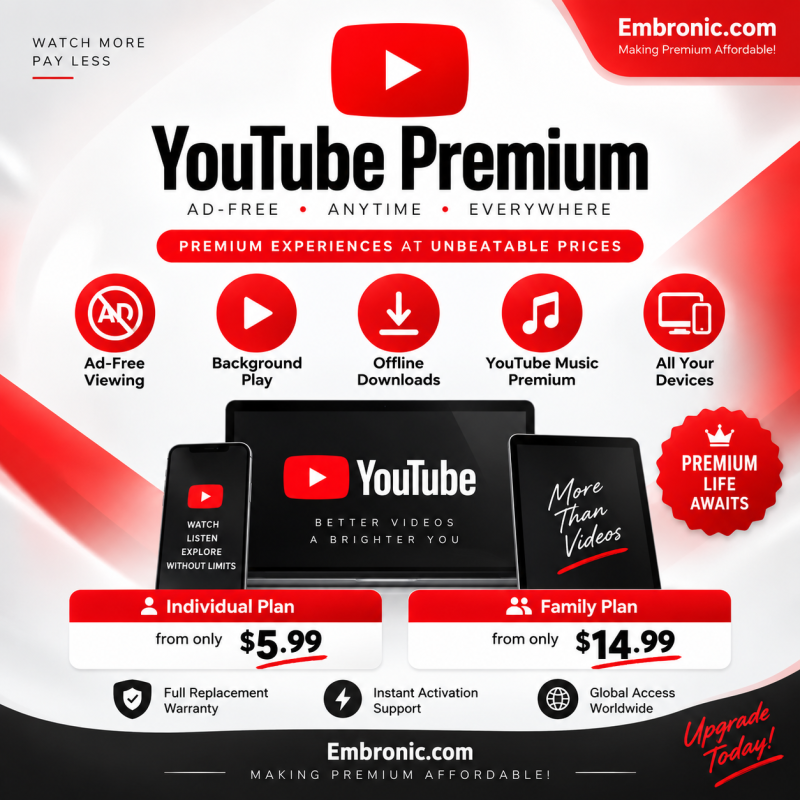 The YouTube Premium advertisement highlights benefits such as ad-free viewing, background play, and offline downloads, while also emphasizing the available individual and family plan pricing. With YouTube Premium, users can experience uninterrupted streaming alongside flexible subscription options designed to suit their preferences.