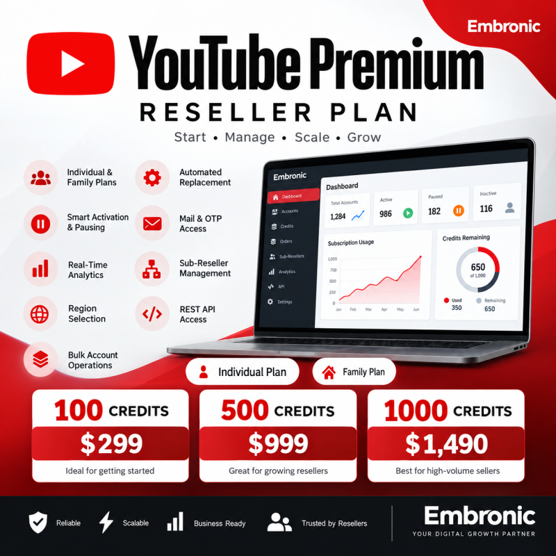 Embronic’s YouTube Premium Reseller highlights robust features tailored for both Individual and Family accounts. Explore the user-friendly dashboard, clear pricing options for packages of 100, 500, and 1000 credits, and experience how straightforward it is to start reselling YouTube Premium with Embronic.