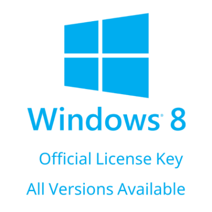 A blue Windows 8 logo appears above the text "Windows 8 Official License Key All Versions Available" on a light gray background.