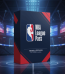 A box labeled "NBA League Pass Reseller" rests on a basketball court, lit by arena lights and screens, showcasing exclusive access for NBA League Pass resellers.